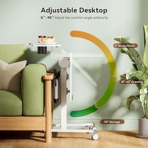 24" Mobile Standing Desk, Tiltable Top with 2-Tier Shelves, White