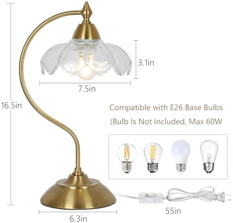 Glass Desk Lamp, Gold Table Lamps for Living Room, Brass Side Table Lamp with Clear Flower Shade, Desk Lamps for Home Office, Mid Century Modern Nightstand Lamp, Vintage Beside Lamp for Bedroom Decor