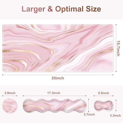 Gaming Mouse Pad Keyboard Wrist Support, 4 in1 Mousepad Set with Wrist Keyboard Rest, Computer Desk Mat, Non-Slip Desk Pad Protector with Memory Foam Easy Typing Pain Relief I Pink Gold Marble