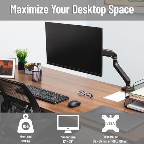 Mind Reader Counter-Balance Gas Spring Monitor Arm, 13"-32" Single Desk Mount, 180° Rotation, Tilt ±65°, Swivel ±180°, VESA 75x75/100x100, 19.8 lb Load, Cable Management, Black