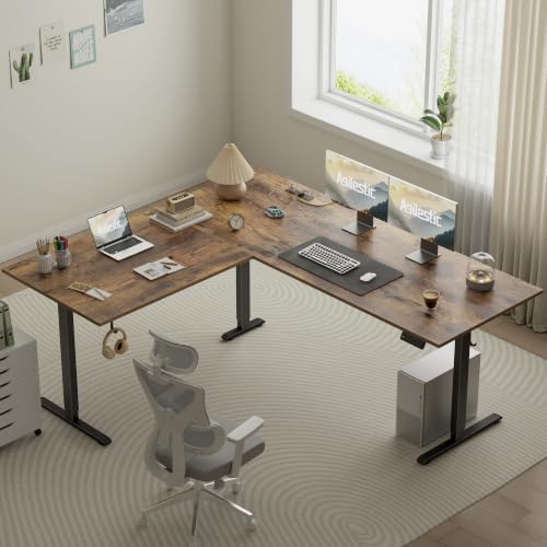 Agilestic 75x61 Inch L Shaped Electric Standing Desk, Corner Workstation, Rustic Brown