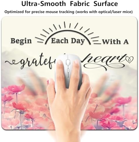 9.5x7.9 Inch Office/Gaming Mouse Pad, Begin Each Day with A Grateful Heart Inspirational Quote Pink Lotus Flowers Painting Design, Motivational Floral Art Cute Anti-Slip Mat for Desk