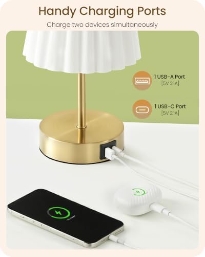 Small Bedside Table Lamps Set of 2, Touch Dimmable Table Lamps with USB Ports, Nightstand Lamps with 2 Stepless Dimming LED Bulbs, E26 Base, for Bedroom, Study, Gold and White DW16TLP205
