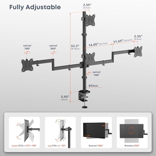 Quad Monitor Mount for 17-27 Inches - Fully Adjustable Heavy Duty 4 Monitor Arm Desk Mount, Max Load 22lbs per Screen, Clamp/Grommet, VESA 75/100 mm, Black