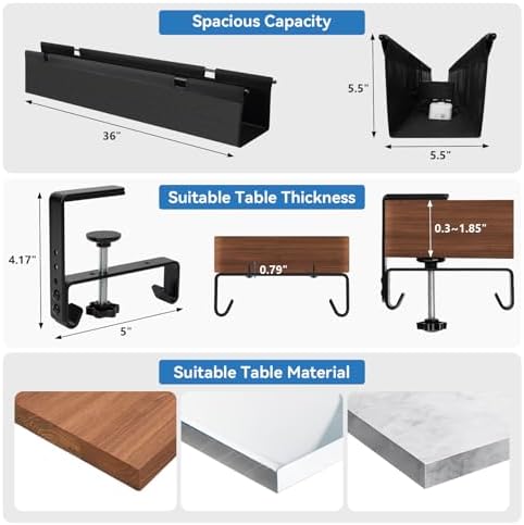 SHUWEI 36" Under Desk Cable Management Tray, Fabric, No-Drill Mount, Black
