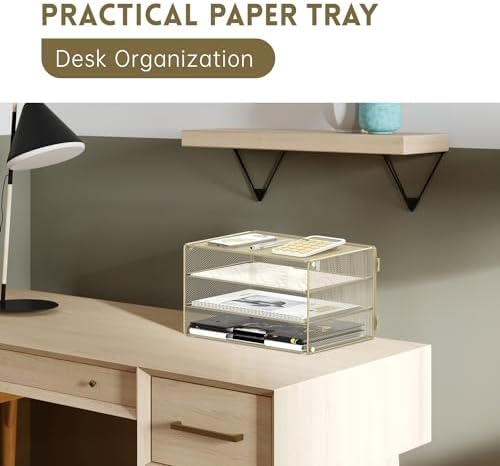 DALTACK 3 Tier Letter Tray Paper Organizer with Sliding Mesh Trays Yellow