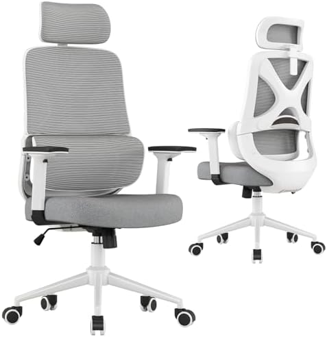 High Back Ergonomic Desk Chair with Adjustable Lumbar Support and Headrest Home Office Desk Chair with flip-up Armrests for Home, Office, Gaming, Student（White）