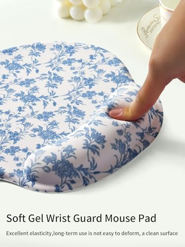 Seorsok Cute Sage Blue Floral Mouse Pad with Gel Wrist Support Mouse Pad,Ergonomic Aesthetic,Comfort Mousepad for Office Work Computer,Pain Relief Mousepad with Non-Slip Silicone Base,Blooming Flower