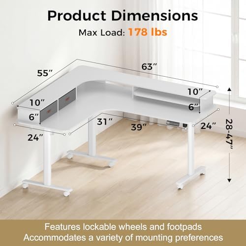 2-Tier L Shaped Electric Standing Desk with Drawers, 63 x 55 Height Adjustable Desk with Memory Controller, Storage, Ergonomic Corner Desk Sit Stand up Computer Table for Home Office, White