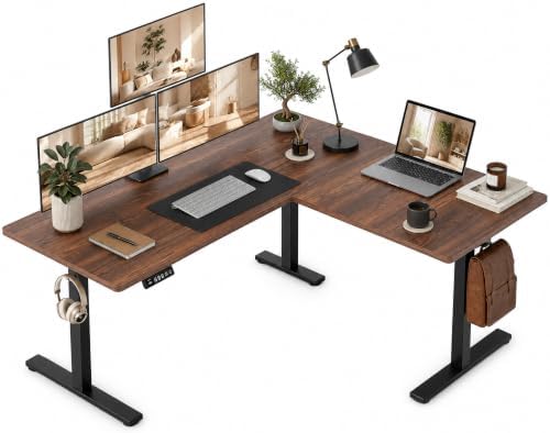 Grandder 63 x 55 Inch L Shaped Standing Desk, Electric Height Adjustable Corner Stand Up Desk, Sit Stand Corner Table Home Office Table, Walnut Top Black Frame