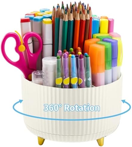 Marbrasse Desk Organizer, 360-Degree Rotating Pen Holder, 5-Compartment Pencil Organizer, Art Supply Storage Box Caddy for Office and Home (Ivory)