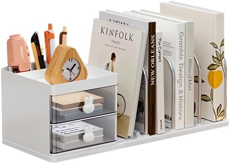 Desk Organizer with Bookends, Desktop Storage Box with 2 Drawers (White)
