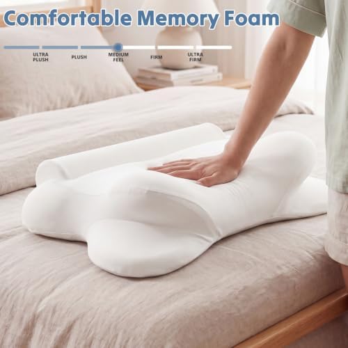 Sweetcrispy Cervical Pillow for Neck Pain, Ergonomic Contour Memory Foam Pillow with Detachable Roll Support, Cooling Breathable Cover for Side Back Stomach Sleepers, White