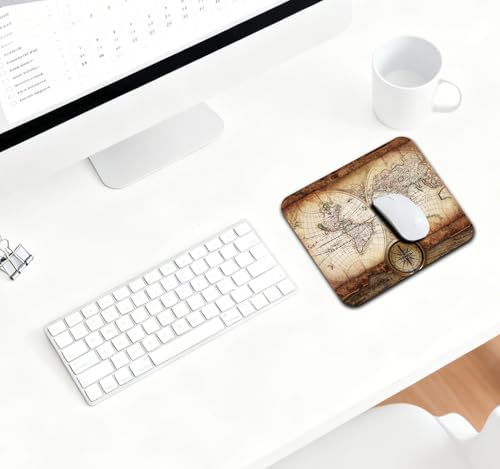 9.5x7.9 Inch Office/Gaming Mouse Pad, Nostalgic Vintage World Map & Brass Compass Antique Nautical Exploration, Cute Anti-Slip Mat for Desk Decor