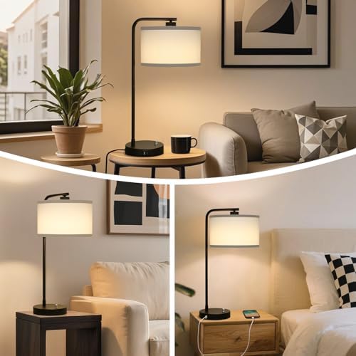 Seaside village Table Lamp for Bedroom with USB C+A Ports, Fully Stepless Dimmable Farmhouse Bedside Lamp Nightstand Light, Tall Reading Desk Lamp for Living Room, Office, 9W LED Bulb Included
