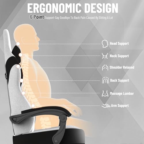 Ferghana Cotton Fabric Gaming Chair - Wider Seat Cushion, Shield-Shaped Embroidery, Ergonomic High Back with Footrest, Computer Gamer Chair for Adults Featuring Massage Lumbar Support, White