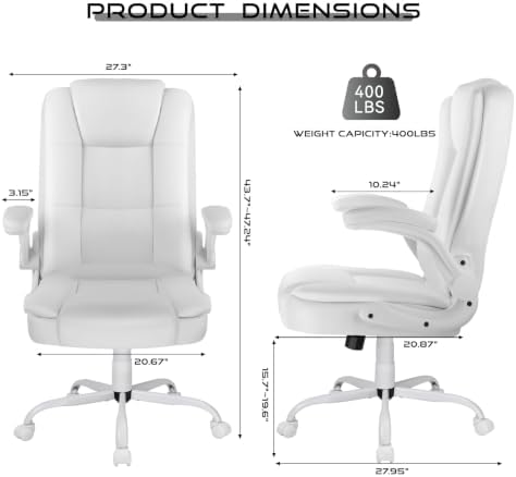 Ergonomic Office Chair with Flip-up Armrests, Big and Tall Leather Executive Office Chair, High Back Lumbar Support Home Computer Desk Chair, Heavy and Duty Computer Chair (White)