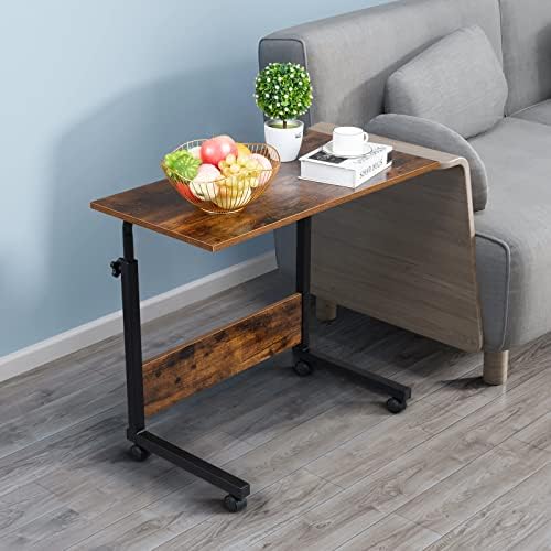 TV Tray Bed Side Table, Portable Rolling Desk Hospital Bed Laptop Table, Small Standing Desk with Wheels Adjustable Height for Sofa, Bedside, Tablet Use, Secure Non Tilt, 31.5" W, Brown
