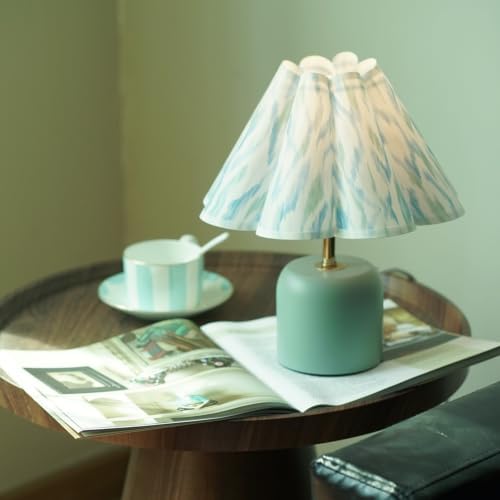 Cute Small Table Lamp, Modern Bedside Nightstand Lamp with Flower Fabric Lampshade,Solid Wood Base Blue Mini Lamp for Bedroom Home Office Decor (Without Buld)