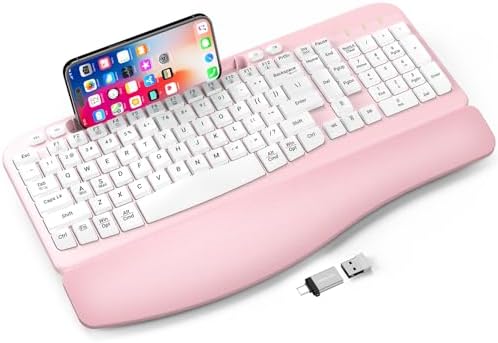 EAYBLLY 2.4G Wireless Ergonomic Keyboard, Full Size Wave Keys with Memory Foam Wrist Rest & 7.28in Phone Holder, USB-C Adapter Included for Windows Mac Chrome OS, Office or Home (Pink)