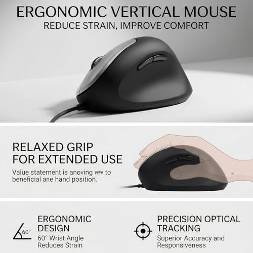 Yunseity Vertical Mouse USB Wired Ergonomic Mouse with 3 Buttons and 4.4ft Cable for PC Laptops Ergonomic Design 60 Angle Lightweight Optical Tracking