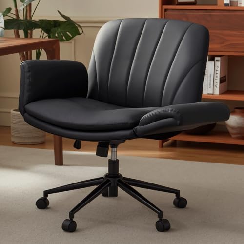 Dowinx Criss Cross Chair with Five-Level Adjustable Arms and Wheels - Comfortable Ergonomic PU Leather Swivel Vanity Chair - Computer Makeup Gaming Chair for Home Office,Bedroom,Vanity Room-Light Grey