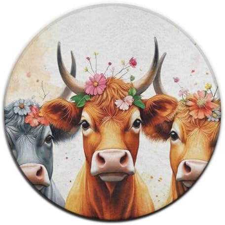 Fashion Round Area Rug Large Non Slip Carpet, Cute Highland Cow Family Unisex Home Decor Mat
