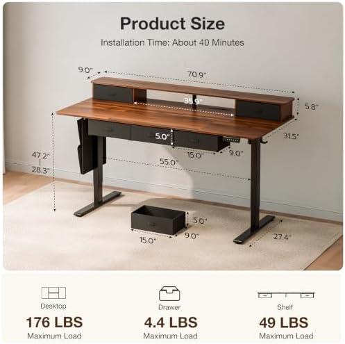 71x32" Electric Standing Desk with 5 Drawers,Power Outlets,LED Light,Walnut