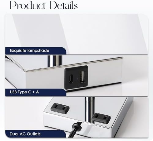 Set of 2 Bedside Table Lamp 3 Way Dimmable Nightstand Lamp with USB C & USB A Charging Port, 2 AC Outlets, 3000K LED Bulbs (White)