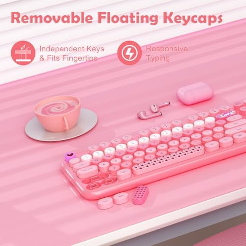 Wireless Keyboard Mouse,104 Full Size Cute Colorful Keyboard and Mouse with Retro Typewriter for PC/Mac/Laptop/Tablet/Computer/Windows/Microsoft, Pink