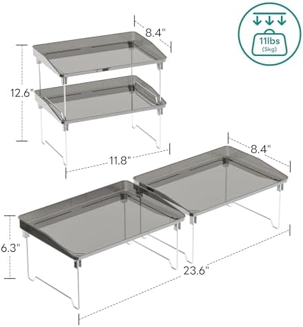 STARLATTA 2 Pcs Cabinet Organizer Shelf，Stackable Kitchen Counter Shelves, Spice Rack,Countertop Organizers，Black Plastic Storage Shelves Rack for Makeup，Bathroom, Cupboard，Desk，Pantry Organization