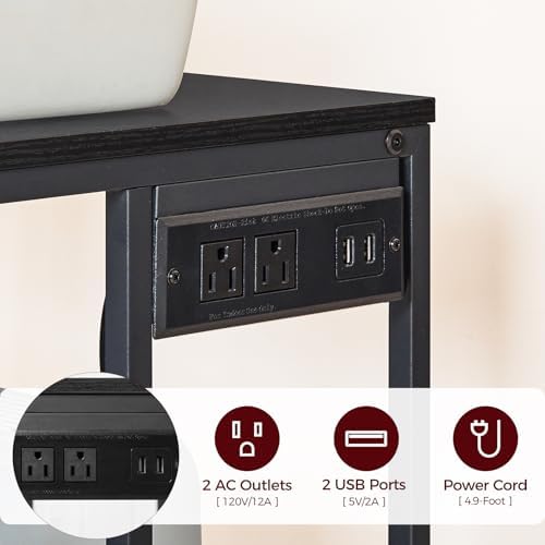 MAHANCRIS Mobile Printer Stand, 3-Tier Industrial Printer Cart with Power Outlets and 2 USB Ports, Rolling Printer Table on Wheels for Home Offices Kitchen Organization Rack, Black PTHB78E01