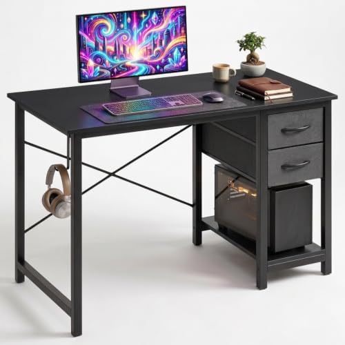 Simple Deluxe 40 Inch Black Computer Desk with Drawer & Side Hook – Compact Office Desk for Bedroom, Sleek Writing Table with Storage for Study, Work & Home