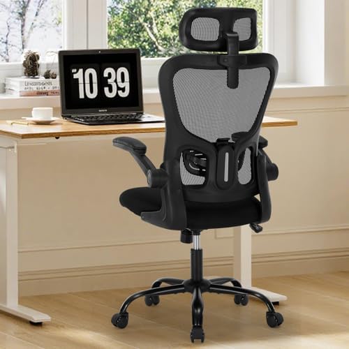 Office Chair Ergonomic Desk Chair High Back Mesh Computer Chair with Adjustable Lumbar Support & Headrest, Flip-Up Armrests, 300lbs Capacity 360 Swivel Chair for Home Office, Black