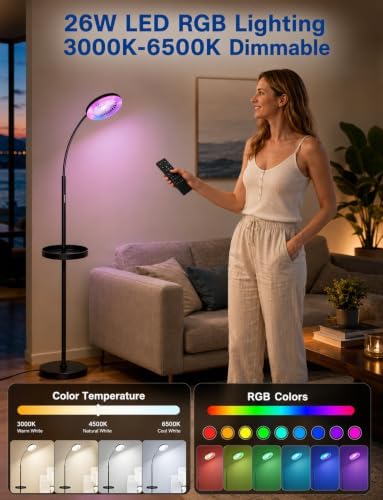 Floor Fan with Light, 26W LED RGB Dimmable Standing Lamp