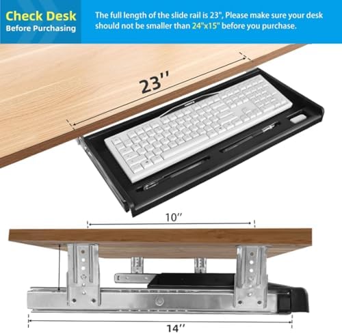 TOOCUST Under Desk Keyboard Tray, 20" Wx11"D Sturdy Key Board Tray Under Desk Slide with Pen Tray, Desk Extender with Pen Holder,Black