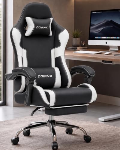 Dowinx Ergonomic Gaming Chair with Footrest & Massage Lumbar, 2D-Linkage Armrests for Computer Chair 330lbs with Headrest Pillow for Office, Home, Streaming and Long Gaming Sessions, White