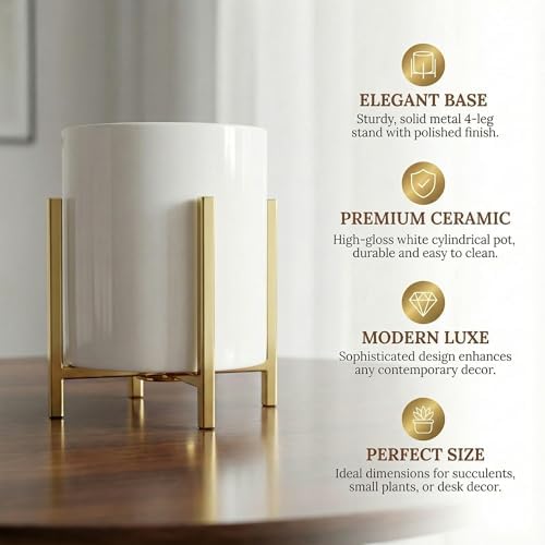 Durable Ceramic Pen Cup, Desk Ceramic Pencil Cup with Metal Legs, Black and White Pen Holder Cup for Office, Desk Decor for Women Girls