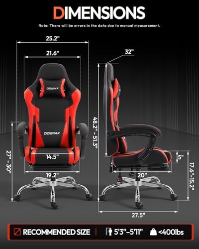 Dowinx Ergonomic Gaming Chair with Footrest & Massage Lumbar, 2D-Linkage Armrests for Computer Chair 330lbs with Headrest Pillow for Office, Home, Streaming and Long Gaming Sessions, Red