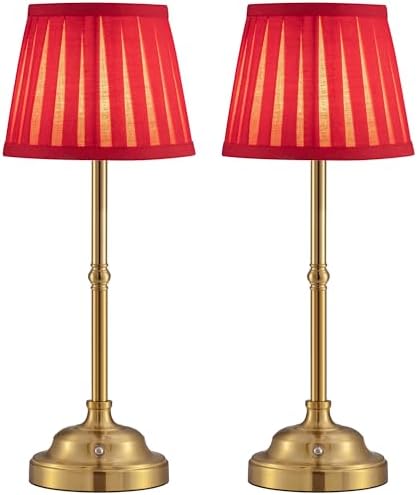 KDG Gold Cordless LED Table Lamps Set of 2, Red Fabric Shade Desk Lamps