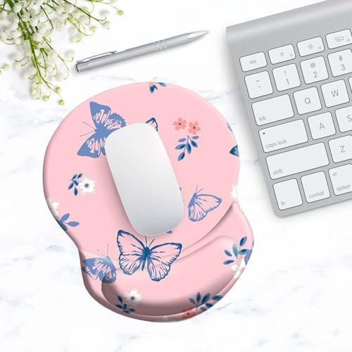 Ergonomic Wrist Support Mouse Pad - Comfortable Computer Mouse Pad with Non-Slip PU Base for Home Office Working Gaming (Blue Butterfly on Pink)