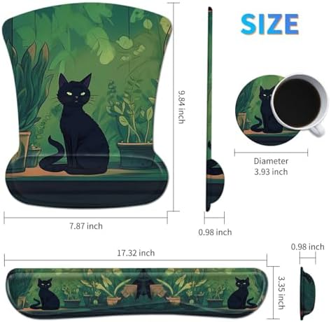 3Pcs Ergonomic Memory Foam Keyboard Wrist Rest Pad Set, Black Cat Leaf