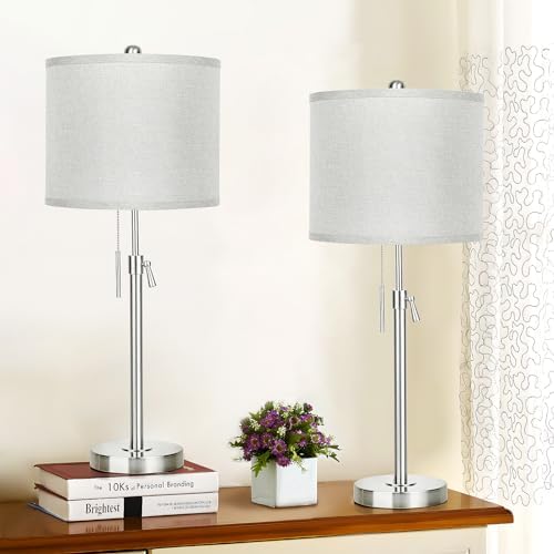 Qingmiao Table Lamps for Bedrooms Set of 2, 22" to 30" Height Adjustable Nightstand Lamps with Linen Shade, Pull Chain Switch Lamps for Living Room, 3 Way Dimmable Bedside Lamp
