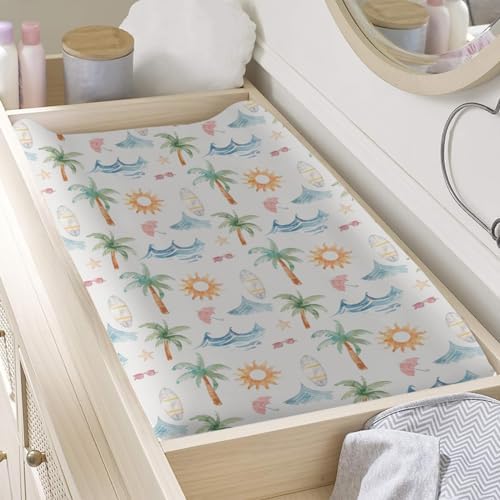 Summer Beach Theme Palm Tree Starfish Sun Pattern Baby Changing Pad Cover, Unisex Beach Ocean Theme Nursery Diaper Changing Table Pad Mat Sheet for Boys Girls-16x32