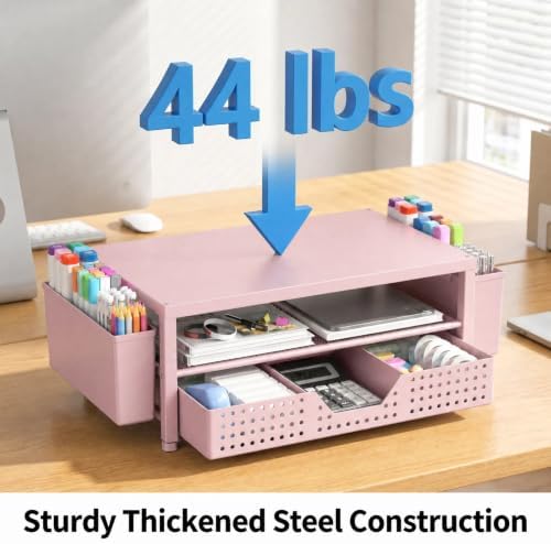 ECOLOVI Desk Organizer and Accessories, 2-Tier Computer Monitor Stand Rise with Storage Drawer & 2 Pen Holders, Laptop & Printer Stand for Desktop, Workspace Organizers for Office Supplies (Pink)
