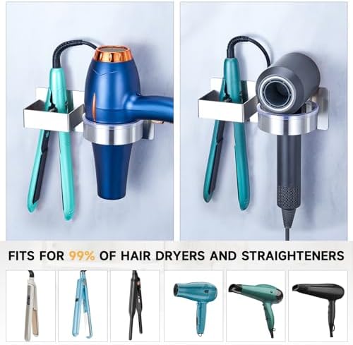 Hair Dryer Holder Wall Mounted, Hair Straightener Holder, Blow Dryer Holder Adhesive, Hair Tool Organizer for Flat Iron, Hairdryer, Curling Iron Holder for Bathroom Vanity Barber Shop (Silver)