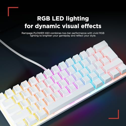 Rampage K60 Mechanical Gaming Keyboard – 62 Keys, Compact 60% Layout, Blue Switches, LED Backlit, Anti-Ghosting, Wired (White, Windows/Mac Compatible)