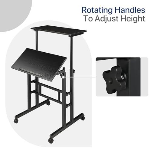 Height Adjustable Rolling Laptop Stand Table, 28-46 in for Young and Adults, Tiltable Keyboard Tray and Locking Casters for Home and Office