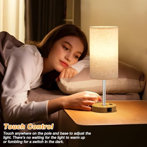 Dicoool 17.4" Bedside Lamp for Bedroom - Dimmable Touch, USB A+C, AC Outlet