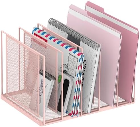 File Organizer for Desk, 5-Section Vertical File Sorter, Paper Holder Organizer Standing Metal File Folder for Office Home Classroom, Pink